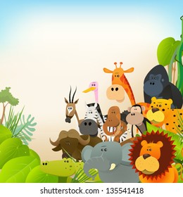 Wildlife Animals Background/ Illustration Of Cute Various Cartoon Wild Animals From African Savannah, Including Lion, Gorilla, Elephant, Giraffe, Gazelle, Monkey And Zebra With Jungle Background