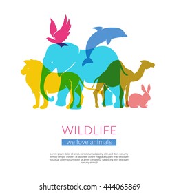 Wildlife animals and birds flat colorful silhouettes composition poster with elephant lion eagle and camel vector illustration 