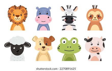 Colección de personajes de dibujos animados de animales salvajes . Diseño plano. Vector.