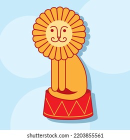 Wildlife animals. Cartoon cute lion   for kids and children. Hand drawn vector illustration on blue background. Circus collection. Design element. Template for design, books, stickers, cards.