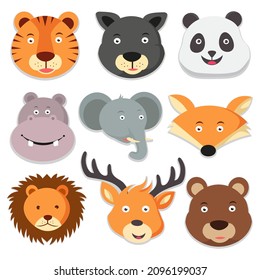 Wildlife animals cartoon icons set of tiger bear panda hippo elephant fox lion deer vector illustration
