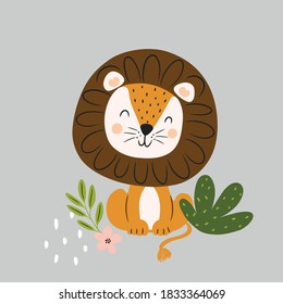 Wildlife animals  Cute lion and simple greens vector illustration  Jungle life clipart vector design 