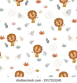 Wildlife animals. Cute lion with simple greens vector illustration. Jungle life clipart vector design. Seamless pattern design.