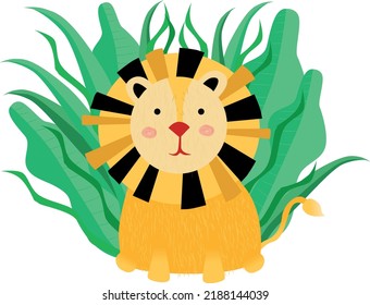 Wildlife animals. Cute lion with simple greens vector illustration. Jungle life clipart vector design.