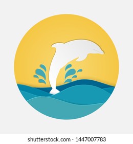 Wildlife animals of dolphin concept. wild mammal fish jumping on wide blue  ocean. Creative design Paper cut and craft style. Graphic for card and poster. vector. illustration. EPS10