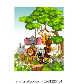 Wildlife Animals In Green Field With Trees, Rocks, And Flower Cartoon
