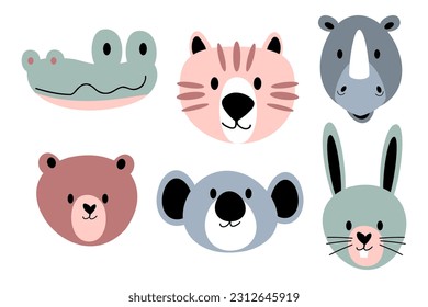 Wildlife animals head . Flat design . Vintage style . Vector illustration .