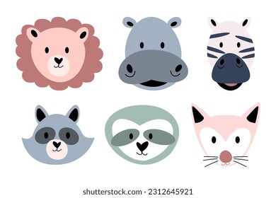 Wildlife animals head . Flat design . Vintage style . Vector illustration .