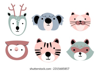 Wildlife animals head . Flat design . Retro style . Vector illustration .