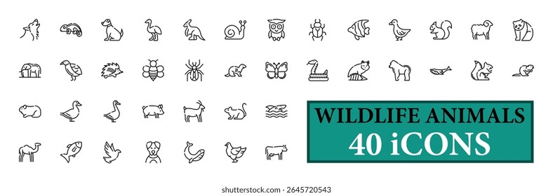 COLECCIÓN de iconos de ANIMALES SALVAJES, con trazo editable. Conjunto de iconos de línea delgada de ANIMALES SALVAJES. Ilustración vectorial.