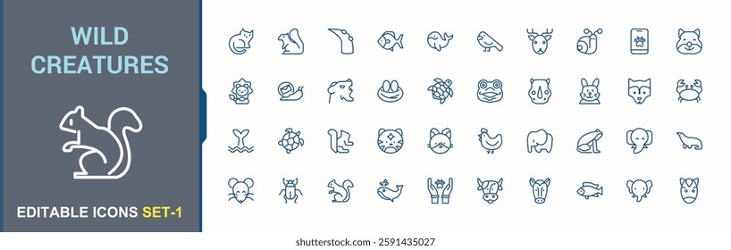 Wildlife Animals icon. Icons silhouette, squirrel, animals,zebra, jungle, animal, monkey and more. Icons for UI. Minimalistic linear icons. Thin outline icons pack.