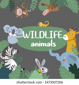 Wildlife animals. Animals of the jungle, frame. African Animals Frame. black background.