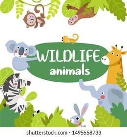 Wildlife animals. Animals of the jungle, frame. African Animals Frame. White background.