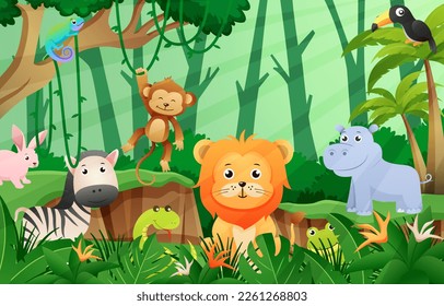 Wildlife animals in jungle scene . Kids style . Vector .