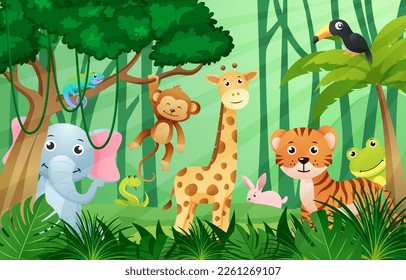 Animales salvajes en la escena de la jungla. Estilo infantil. Vector.