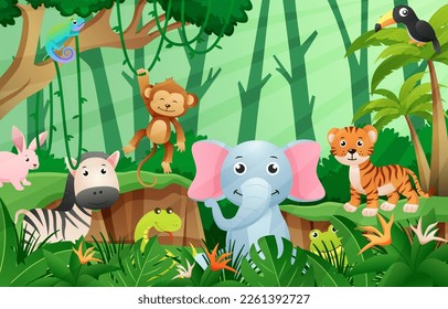 Wildlife animals in jungle scene . Kids style . Vector .