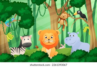 Animales salvajes en la escena de la jungla. Estilo infantil. Vector.