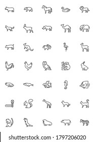 Wildlife animals line icons set. Zoo animal linear style symbols collection, outline signs pack. vector graphics. Set includes icons as Hippopotamus, Bear, Horse, Swan bird, Lion predator, Wolf, Deer