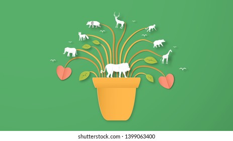 Wildlife animals with manipulation concept. Minimalism deign in paper cut and craft style. Art digitalcraft for world environment day.