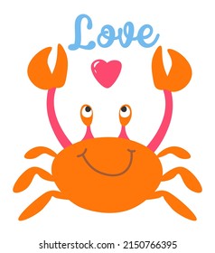 Wildlife animals and marine nautical creatures, isolated crab with heart and love writing. Tropical and exotic lifestyle, aquarium and aquatic shell. Cheerful personage. Vector in flat style