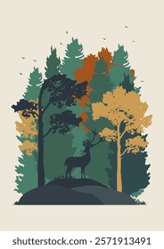 Wildlife animals in nature illustration poster. Minimalistic forest and reindeer on cliff silhouette