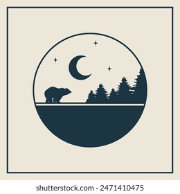 Wildlife animals in nature minimalistic illustration card. Forest landscape and bear round silhouette flat badge.