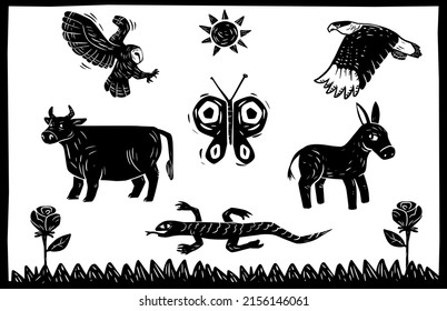 Wildlife, animals and plants in woodcut style.