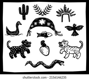 Wildlife, animals and plants in woodcut style. Icons of the Brazilian Northeast.