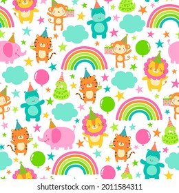 Wildlife animals with rainbow, cloud and star seamless pattern for party concept.