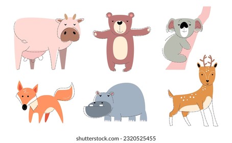 Wildlife animals Set 3 . Flat shape and pencil line drawing design . Vector .