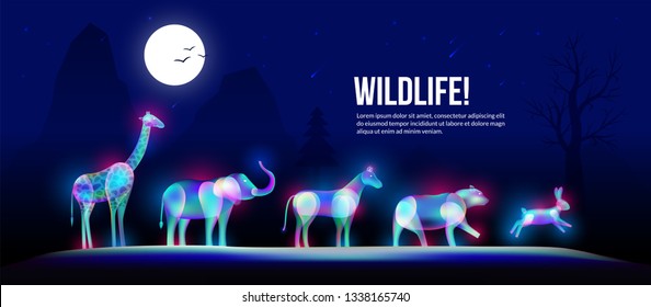 Wildlife animals under foolmoon in fantasy light art style.