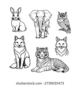 La Ilustración vectorial de animales silvestres incluye leones, elefantes y otras especies silvestres, perfectas para proyectos de naturaleza, safari, educativos y de conservación.