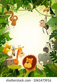 Wildlife Animals Wallpaper/Illustration of cute cartoon wild animals from african savannah, including hippo, lion, gorilla, elephant, giraffe, gazelle, ostrich and zebra with jungle background