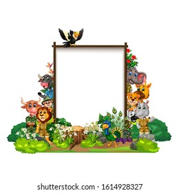 Wildlife Animals With White Square Board And Flowers Cartoon