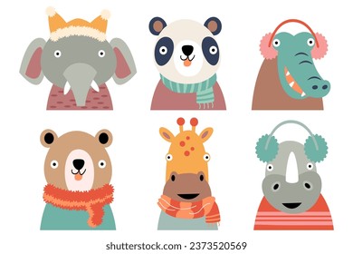 Wildlife animals with winter costume . Flat design . White isolate background . Set 4 of 4 . Vector .