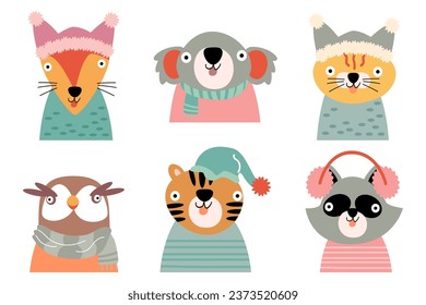 Wildlife animals with winter costume . Flat design . White isolate background . Set 3 of 4 . Vector .