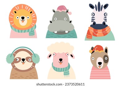Wildlife animals with winter costume . Flat design . White isolate background . Set 1 of 4 . Vector .