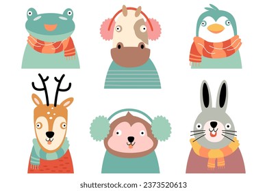 Wildlife animals with winter costume . Flat design . White isolate background . Set 2 of 4 . Vector .