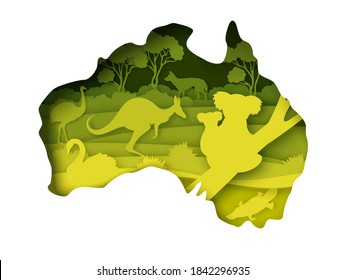 Wildlife of Australia, world continent. Vector illustration in paper art style. Mainland Australia map with nature, kangaroo koala bears, platypus, ostrich emu, swan wild birds and animals silhouettes