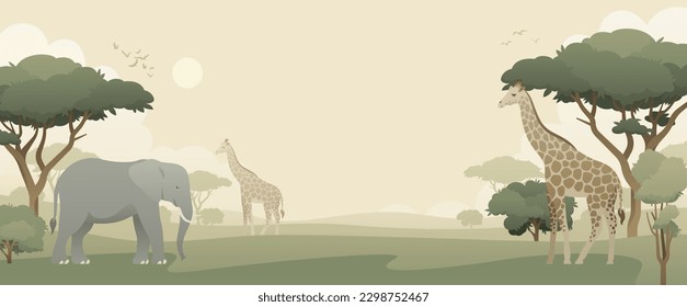 Wildlife background with giraffe and elephant. Modern flat vector panoramic illustration with animals in their natural habitat. African savannah landscape.