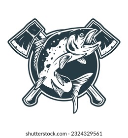wildlife badge with salmon and axe drawing