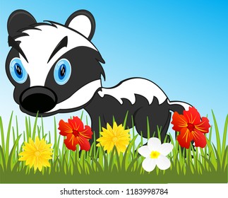 Wildlife badger on year glade with flower