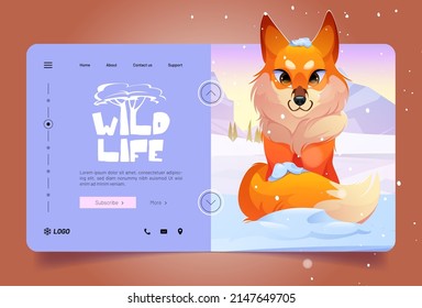 Wildlife banner with cute red fox on white snow in winter. Vector landing page of wild life concept with cartoon illustration of snow field landscape with beautiful animal with fluffy tail