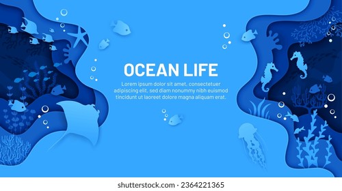 Wildlife banner with sea paper cut landscape, fishes, animals and seaweeds, undersea vector background. Coral reef fish, stingray and seahorse with jellyfish and starfish in underwater papercut layers