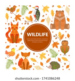 Wildlife Banner Template, Autumn Forest Seamless Pattern, Colorful Fall Leaves and Cute Woodland Animals Cartoon Vector Illustration