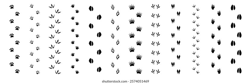 Wildlife beasts footprints trails. Vector lines of animals footmarks. Paws prints set. Cow and bear, goat and sheep, avian creatures and deer, fox and wolf. Diversity of footsteps of fauna