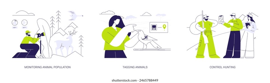 Wildlife biologist abstract concept vector illustration set. Monitoring animal population, tagging animals, control hunting, zoologist with camera in forest, rescue of rare species abstract metaphor.