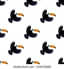 Wildlife birds print. Seamless pattern with flying toucan on a white background.