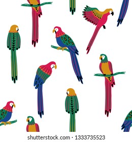 Wildlife birds print. Seamless pattern with colorful parrots on a white background.