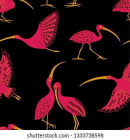 Wildlife birds print. Seamless pattern with folk art ornate ibis on a black background.